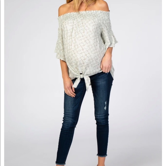 Pink Blush Mint Green Smocked Off Shoulder Top - Picture 3 of 3